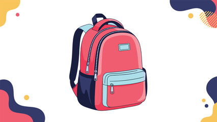 Fototapeta premium Pink and blue school backpack with multiple compartments and zippers shown against a decorative background for educational concepts.