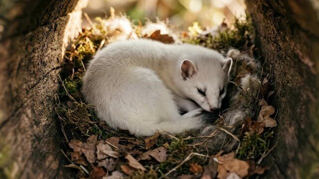 A tiny ermine curled up asleep in its natural habitat a hollow log nestled amongst moss leaves and twigs its white fur bright against the earthy tones