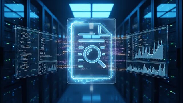 Digital file with magnifying glass icon floating between transparent analytics panels server room neon blue glow conveys data inspection and cybersecurity urgency combined with digital file