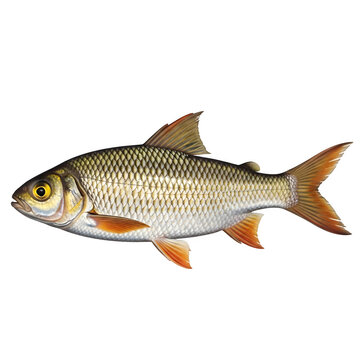 A common roach fish or rutilus rutilus with red fins isolated on a white background.