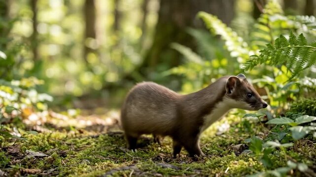 A stoat looks around cautiously in a sun dappled forest floor covered in moss and ferns with soft green foliage in the background
