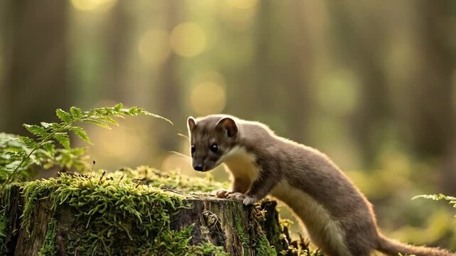A curious stoat surveys its mossy forest surroundings bathed in warm golden sunlight filtering through the trees creating a magical natural scene