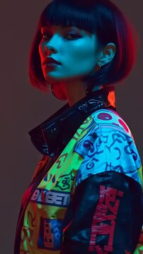 Woman in Neon Light Fashion Portrait.