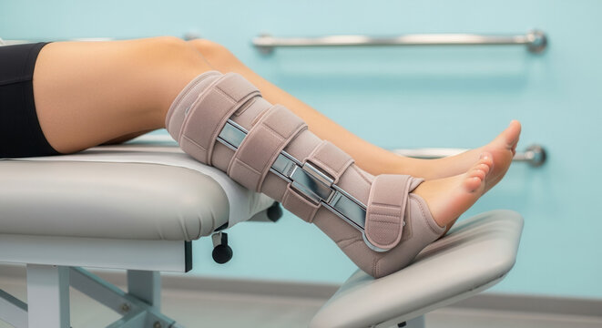 Patient in leg traction with ankle immobilizer on therapy table in clinic, injury recovery and rehabilitation