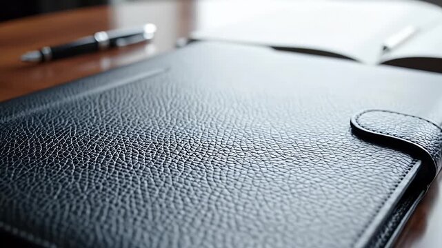 A close-up view of a textured black leather notebook with a pen and glasses