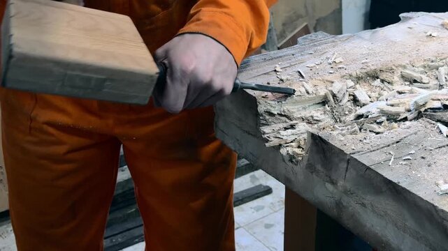 A carpenter in overalls chiselling a wooden slab in a woodworking shop. A person working. Tools, chisels, and gouges. Woodworking. Sawdust, wood chips. Real people. Lifestyle, Authentic, Candid