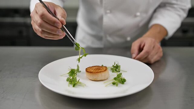 Chef delicately plating a seared scallop with microgreens for a gourmet presentation