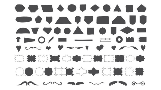 Diverse collection of dark gray basic geometric shapes, crests, hearts, frames, and ornate flourishes on white background