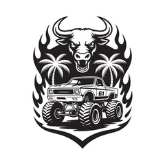 Monster truck with large tires and racing number 61 drives beneath a fierce bull head with horns and flames in a dynamic design with palm trees © vector_designer