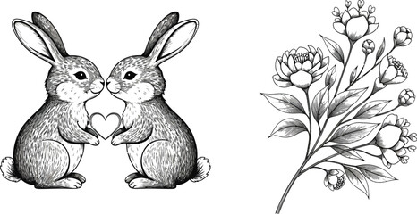 Two adorable rabbits holding heart surrounded by beautiful flowers together