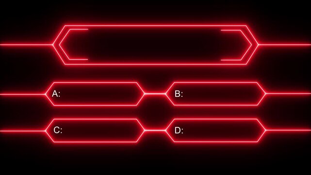 Animation of a neon red quiz line with a choice of answer options on a black background. Question mark motion animation, futuristic cyber tech visual, asking doubts confusing motion graphics 4k.