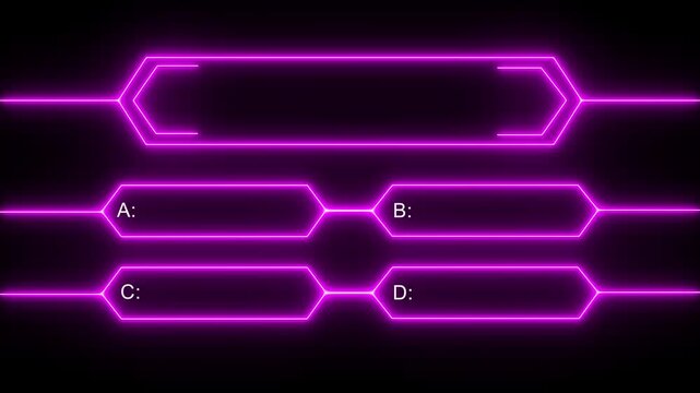 Animation of a neon pink quiz line with a choice of answer options on a black background. Question mark motion animation, futuristic cyber tech visual, asking doubts confusing motion graphics 4k.