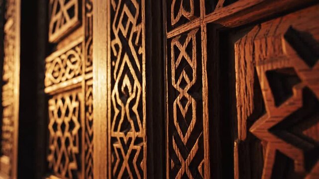 Dynamic Macro Dolly Shot Revealing Intricate Geometric Patterns on an Ancient Carved Wooden Surface