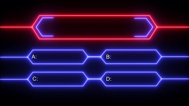 Quiz Neon Line Animation with option selection on black background ,Quiz template challenge with option selection, Neon Line Animation on empty background. fill in the correct answer