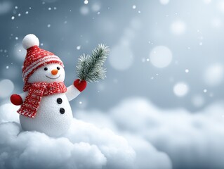 Obraz premium Adorable snowman with festive red hat and scarf holds a fir sprig, on fluffy snow