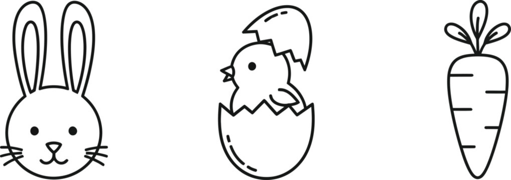 Simple line art easter bunny chick and carrot illustration set