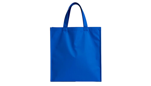 A vibrant blue tote bag with top handles, isolated on a black background