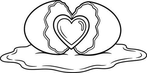 Black and white line art illustration of oyster with heart shaped pearl © Syed