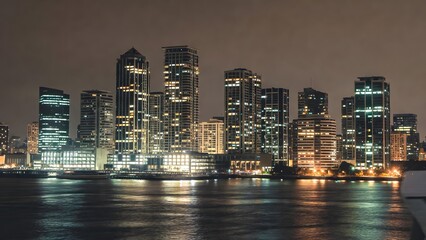 Fototapeta premium City skyline at night with illuminated skyscrapers reflecting on water