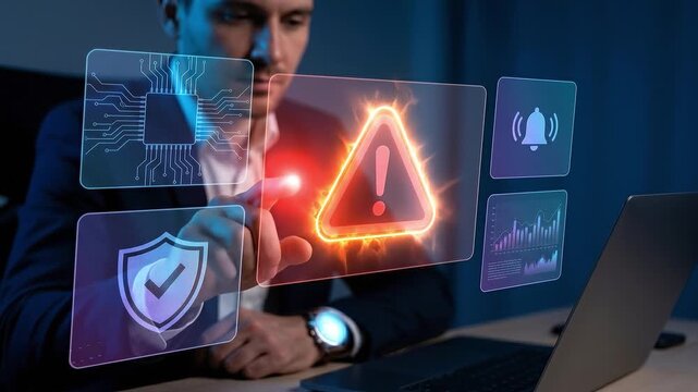 Man interacting with virtual cybersecurity alert and shield interface over laptop with warning triangle, shield check, notification bell, chipset graphic and data analytics visuals touchscreen