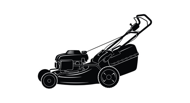 A black silhouette illustration of a classic push lawn mower