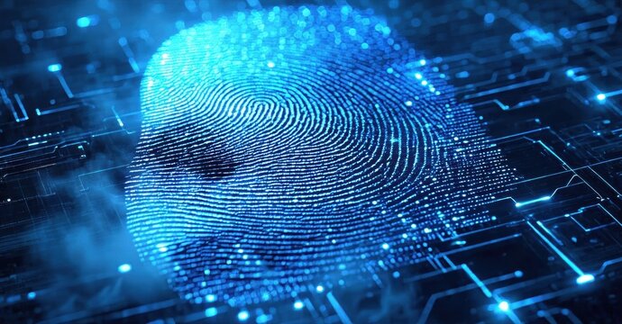 Digital fingerprint overlaying circuit board. Blue glow, futuristic design, security concept, technology illustration. Complex patterns visible.