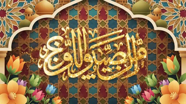 Islamic calligraphy design with floral patterns and geometric tiles, symbolizing celebration and festivity in a Middle Eastern setting