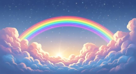 Naklejka premium A vibrant rainbow arches over fluffy clouds against a serene blue sky with stars shining brightly from a distant viewpoint