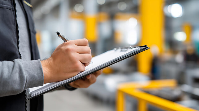 Business manager holding a clipboard reviewing operations on a modern production floor, workflow oversight concept, industrial management photography, defocused background, with