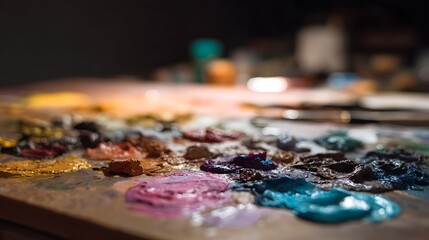 Close up of a diverse array of colorful oil paints smeared and mixed on an  s wooden palette with a shallow depth of field