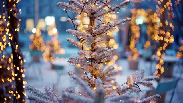 Close up of a small Christmas tree covered in snow and decorated with warm string lights outdoors
