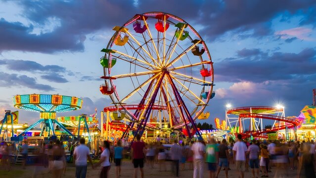 Amusement park at dusk featuring illuminated ferris wheel and colorful rides with crowds