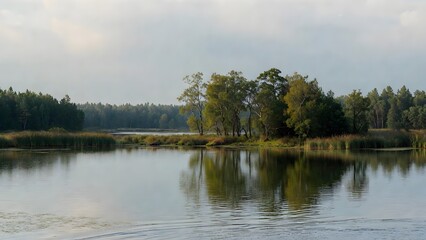 Fototapeta premium Calm lake with lush green trees reflected in still water under a cloudy bright sky