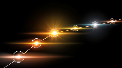 Business project timeline diagram with glowing milestones from planning and market research through product launch, company growth roadmap concept, with copy space