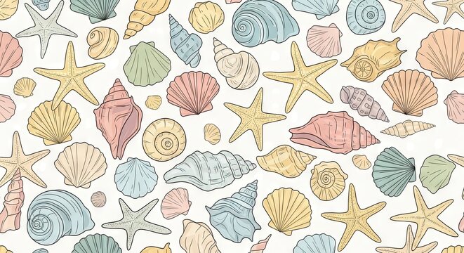 Colorful hand drawn seashells and starfish seamless pattern design
