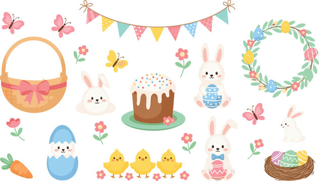 Cute easter elements vector collection with bunny eggs cake basket and spring flowers for holiday design