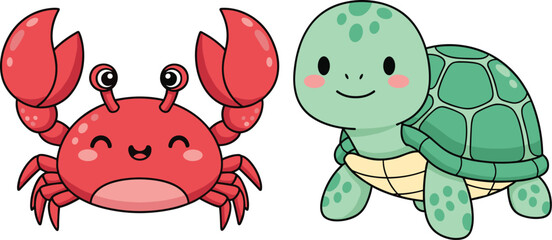 Cute crab and turtle cartoon characters vector set for kids ocean animal and marine life design © Rozina Creative