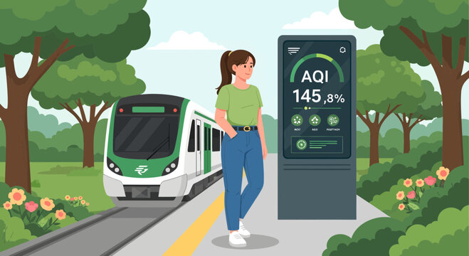 Woman checking air quality index on a digital display at a train station platform.