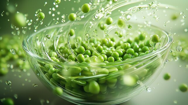 Peas rolling bowl green glass transparent splashing water droplets dynamic motion elevated vegetables fresh culinary movement kitchen action photography