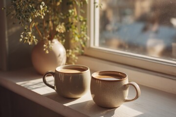 Fototapeta premium Cozy Winter Morning with Two Cups of Coffee and Natural Light
