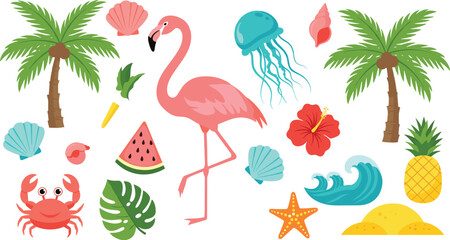 Tropical summer beach elements vector set with flamingo palm trees ocean waves and exotic marine life illustration © Rozina Creative