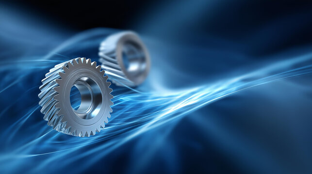 Sleek metallic gears rotating inside a vibrant blue abstract light field, engineering innovation and digital workflow process symbolism, technology concept visualization, with