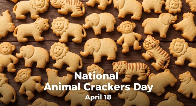 Colorful animal shaped crackers on wooden table for National Animal Crackers Day