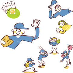 少年野球の笑顔の子供と指導するコーチを描いたメインビジュアル、低学年から高学年まで活気あるチーム風景の部員募集用イラスト
