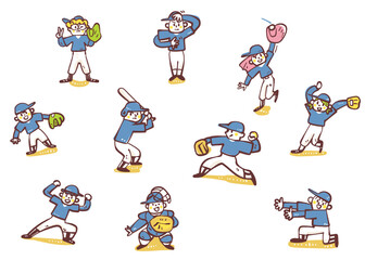 生き生きと野球の練習に取り組む子供たちのイラストセット、青いユニフォームを着た男女混合チームのピッチャーやバッターなどのポーズ集
