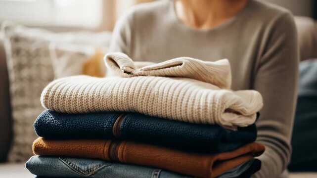 A person holds a neatly stacked horizontal pile of folded casual clothing