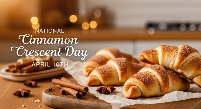 Delicious cinnamon crescent rolls on wooden board with spices