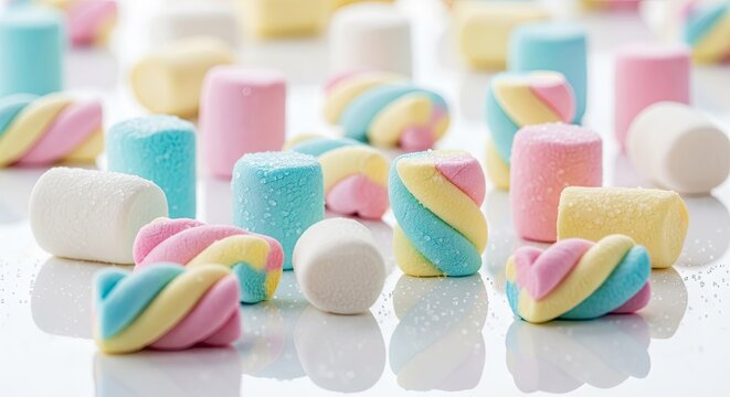 Colorful marshmallows scattered on white surface with pastel hues sweets concept