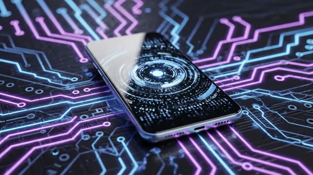 Smartphone technology concept on circuit board with neon lines and digital display showing data transfer and processing