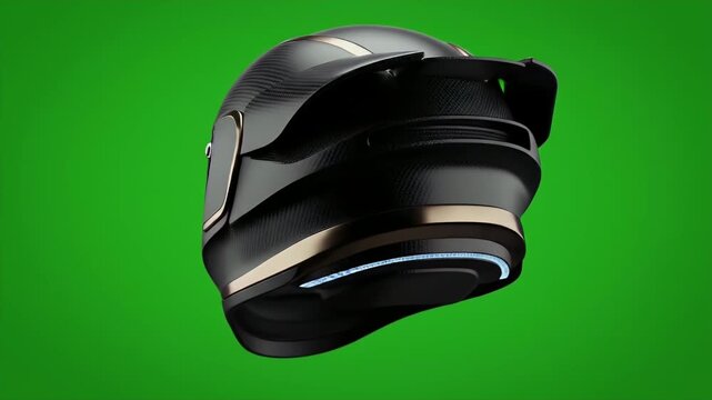 A high-tech black motorcycle helmet with gold accents and a green background